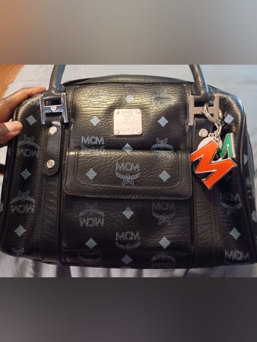 Vintage MCM Visetose Black Boston Bag With Mono Print & Colorful Mcm Charms.